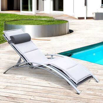 Bain de soleil transat design contemporain inclinable multi-positions avec matelas et tétière dim. 170L x 64l x 82H cm alu textilène gris 2