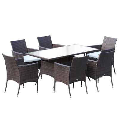 Outsunny Garden furniture set for 6 people - large rectangular table, 6 armchairs - 6 removable seat cushions included - metal epoxy tempered glass 5 mm braided resin chocolate