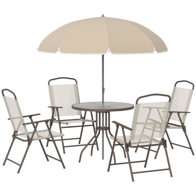 Garden furniture set 6 pcs - round table + 4 folding chairs + parasol - epoxy steel coffee beige polyester textilene