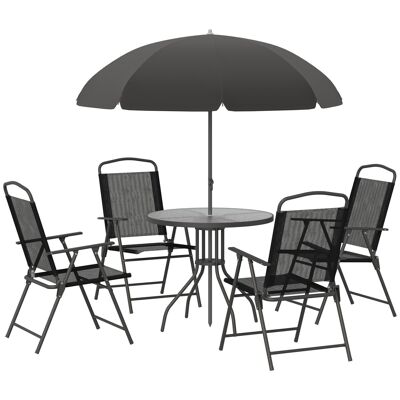 Gartenmöbel-Set 6-teilig – runder Tisch + 4 klappbare Stühle + Sonnenschirm – Epoxidstahl, Kaffeeschwarz, Polyester-Textilien