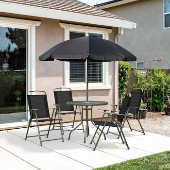 Ensemble salon de jardin 6 pcs - table ronde + 4 chaises pliables + parasol - acier époxy café textilène polyester noir 2