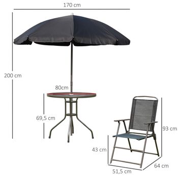 Ensemble salon de jardin 6 pcs - table ronde + 4 chaises pliables + parasol - acier époxy café textilène polyester noir 3