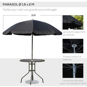 Ensemble salon de jardin 6 pcs - table ronde + 4 chaises pliables + parasol - acier époxy café textilène polyester noir 4