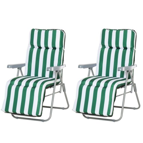 Lot de 2 chaise longue bain de soleil adjustable pliable transat lit de jardin en acier vert + blanc