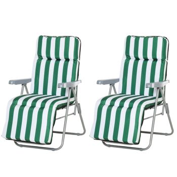 Lot de 2 chaise longue bain de soleil adjustable pliable transat lit de jardin en acier vert + blanc 1