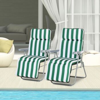 Lot de 2 chaise longue bain de soleil adjustable pliable transat lit de jardin en acier vert + blanc 2