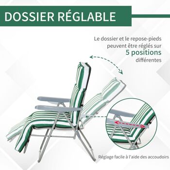 Lot de 2 chaise longue bain de soleil adjustable pliable transat lit de jardin en acier vert + blanc 5