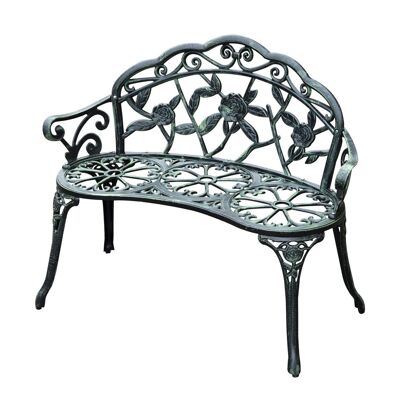 Banc de jardin 2 places style néo-rétro motif rose lignes fuselées 100L x 54l x 78H cm fonte d'aluminium vert vieilli