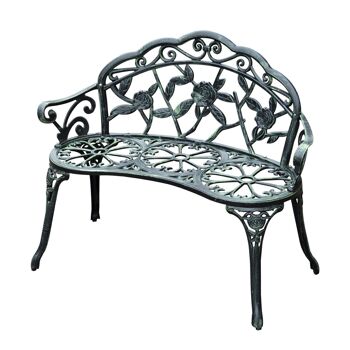 Banc de jardin 2 places style néo-rétro motif rose lignes fuselées 100L x 54l x 78H cm fonte d'aluminium vert vieilli 1