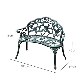 Banc de jardin 2 places style néo-rétro motif rose lignes fuselées 100L x 54l x 78H cm fonte d'aluminium vert vieilli 3