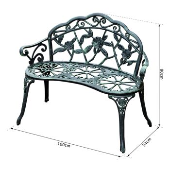 Banc de jardin 2 places style néo-rétro motif rose lignes fuselées 100L x 54l x 78H cm fonte d'aluminium vert vieilli 4