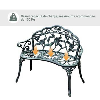 Banc de jardin 2 places style néo-rétro motif rose lignes fuselées 100L x 54l x 78H cm fonte d'aluminium vert vieilli 5