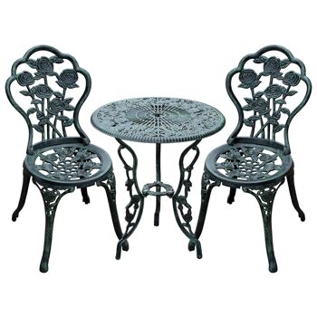 Ensemble salon de jardin 2 places 2 chaises + table ronde style néo-rétro motif rose lignes fuselées fonte d'aluminium vert vieilli 1