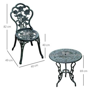 Ensemble salon de jardin 2 places 2 chaises + table ronde style néo-rétro motif rose lignes fuselées fonte d'aluminium vert vieilli 3