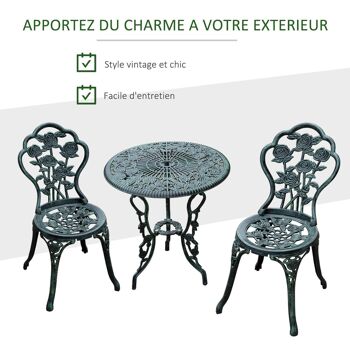 Ensemble salon de jardin 2 places 2 chaises + table ronde style néo-rétro motif rose lignes fuselées fonte d'aluminium vert vieilli 4