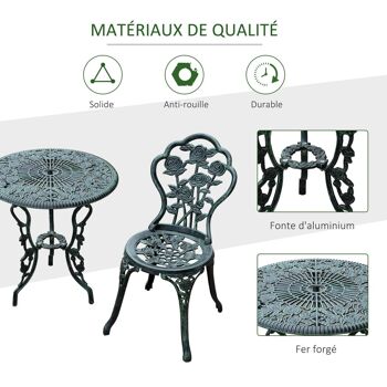 Ensemble salon de jardin 2 places 2 chaises + table ronde style néo-rétro motif rose lignes fuselées fonte d'aluminium vert vieilli 5