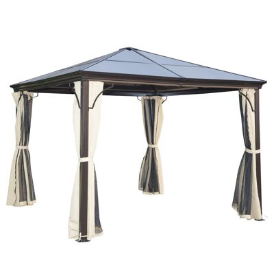 Tonnelle pavillon de jardin imperméable 4 parois latérales anti-UV 4 moustiquaires panneaux polycarbonate alu 3L x 3l x 2,6H m chocolat beige