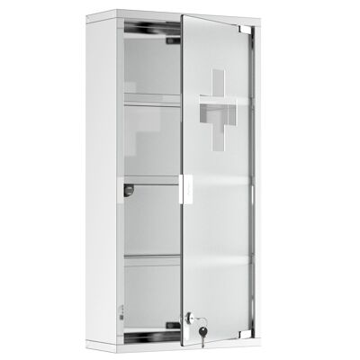 Armoire à pharmacie 3 étagères 4 niveaux 30L x 12l x 60H cm porte verre trempé symbole croix acier inoxydable brossé