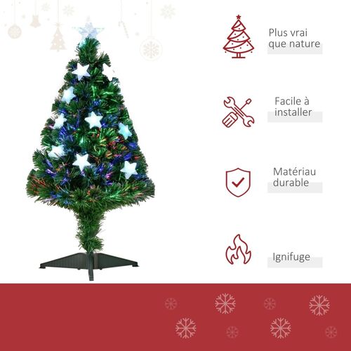 Sapin de Noël artificiel lumineux fibre optique LED multicolore + support pied Ø 45 x 90H cm 90 branches étoile sommet brillante vert