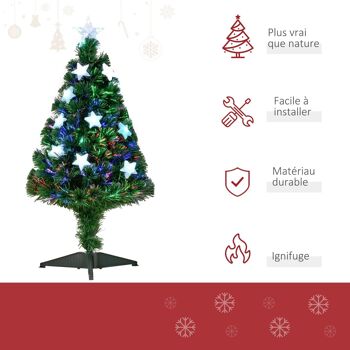 Sapin de Noël artificiel lumineux fibre optique LED multicolore + support pied Ø 45 x 90H cm 90 branches étoile sommet brillante vert 1