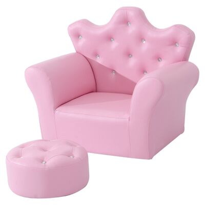 Children's armchair and pouf set with princess crown design - backrest and pouf seat with crystal-look rhinestone buttons - wooden structure with pink PVC synthetic covering