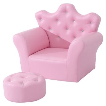 Ensemble fauteuil et pouf enfant design couronne de princesse - dossier et assise pouf avec boutons strass aspect cristaux - structure bois revêtement synthétique PVC rose 1