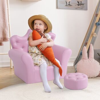 Ensemble fauteuil et pouf enfant design couronne de princesse - dossier et assise pouf avec boutons strass aspect cristaux - structure bois revêtement synthétique PVC rose 2