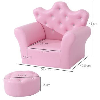 Ensemble fauteuil et pouf enfant design couronne de princesse - dossier et assise pouf avec boutons strass aspect cristaux - structure bois revêtement synthétique PVC rose 3