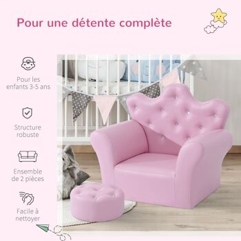 Ensemble fauteuil et pouf enfant design couronne de princesse - dossier et assise pouf avec boutons strass aspect cristaux - structure bois revêtement synthétique PVC rose 4