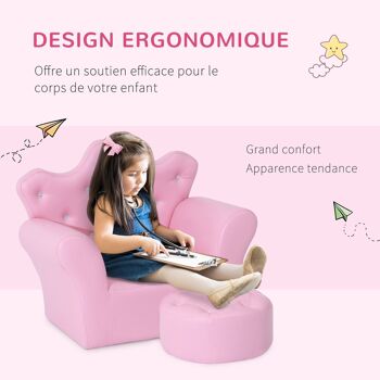 Ensemble fauteuil et pouf enfant design couronne de princesse - dossier et assise pouf avec boutons strass aspect cristaux - structure bois revêtement synthétique PVC rose 5