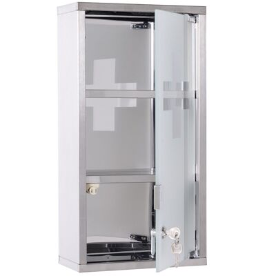 Medicine cabinet 2 shelves 3 levels lockable frosted tempered glass door cross logo 25L x 12W x 48H cm stainless steel