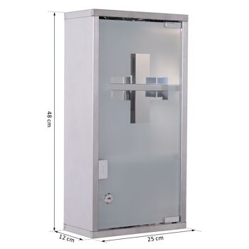 Armoire à pharmacie 2 étagères 3 niveaux verrouillable porte verre trempé dépoli logo croix 25L x 12l x 48H cm acier inox 3