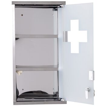 Armoire à pharmacie 2 étagères 3 niveaux verrouillable porte verre trempé dépoli logo croix 25L x 12l x 48H cm acier inox 4