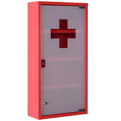 Armadietto dei medicinali 3 ripiani 4 livelli porta in vetro temperato smerigliato con serratura logo croce 30L x 12L x 60A cm rosso acciaio inossidabile