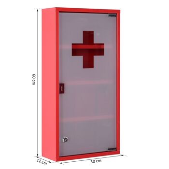 Armoire à pharmacie 3 étagères 4 niveaux verrouillable porte verre trempé dépoli logo croix 30L x 12l x 60H cm acier inox rouge 3