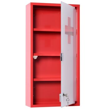 Armoire à pharmacie 3 étagères 4 niveaux verrouillable porte verre trempé dépoli logo croix 30L x 12l x 60H cm acier inox rouge 4