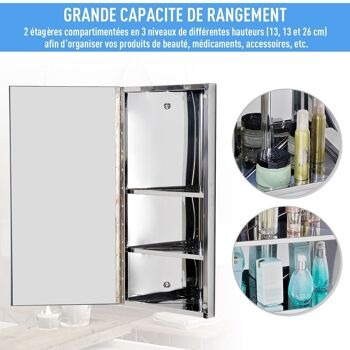 Armoire miroir salle de bain armoire de toilette murale meuble d'angle 2 étagères dim. 30L x 18,4l x 60H cm acier inox. 4