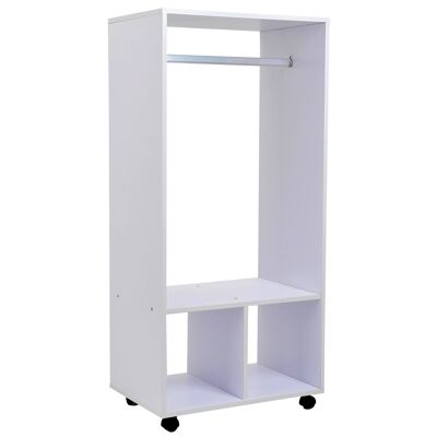 Mobile wardrobe clothes rack with wheels 2 niches + large wardrobe space white particle board