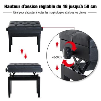HOMCOM Banquette tabouret siège pour piano hauteur réglable 55L x 33l x 48-58H cm coffre de rangement interne assise revêtement synthétique capitonné bois noir 5
