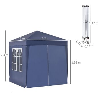 Tonnelle de jardin tente pliante barnum pop-up 2 x 2 m 4 parois latérales amovibles 2 fenêtres sac de transport pour camping, festival, plage, jardin bleu 4