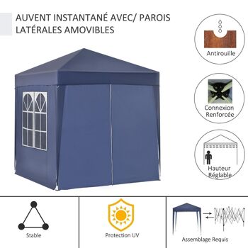 Tonnelle de jardin tente pliante barnum pop-up 2 x 2 m 4 parois latérales amovibles 2 fenêtres sac de transport pour camping, festival, plage, jardin bleu 5