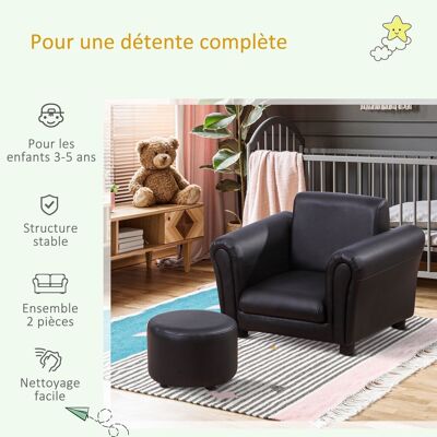 Contemporary style children's armchair and pouf set, wooden structure, black PVC synthetic covering