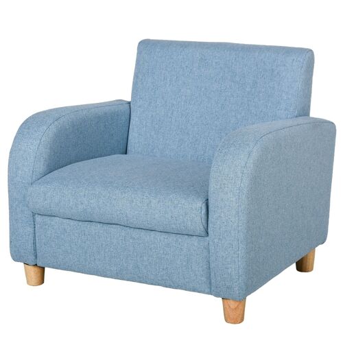 Fauteuil enfant design scandinave grand confort accoudoirs assise dossier garnissage mousse haute densité piètement bois caoutchouc lin bleu