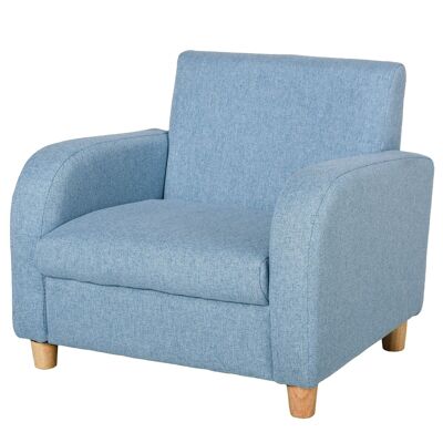 Children's armchair, Scandinavian design, high comfort, armrests, seat back, high density foam padding, wooden base, blue linen rubber