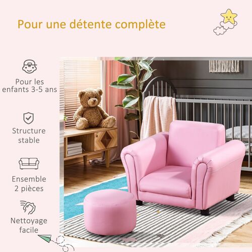 Ensemble fauteuil et pouf enfant style contemporain structure bois revêtement synthétique PVC rose