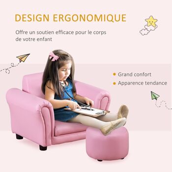 Ensemble fauteuil et pouf enfant style contemporain structure bois revêtement synthétique PVC rose 2