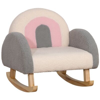 Schaukel-Loungesessel für Kinder – geneigte Rückenlehne, Armlehnen – Bezug aus Polyester mit Schaffelleffekt – beige-rosa-graues Eukalyptusholz