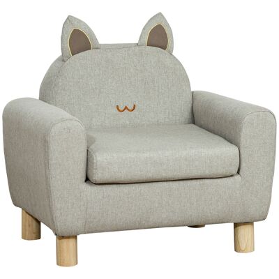 Scandinavian design children's armchair cat armrests seat backrest high density foam padding eucalyptus wood base gray fabric