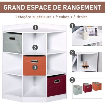 HOMCOM Meuble de rangement d'angle unité de rangement 9 niches 3 tiroirs non tissé MDF blanc 4