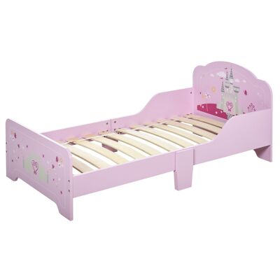 Children's bed - princess design children's bed with castle motif - slatted base included - pink plywood MDF
